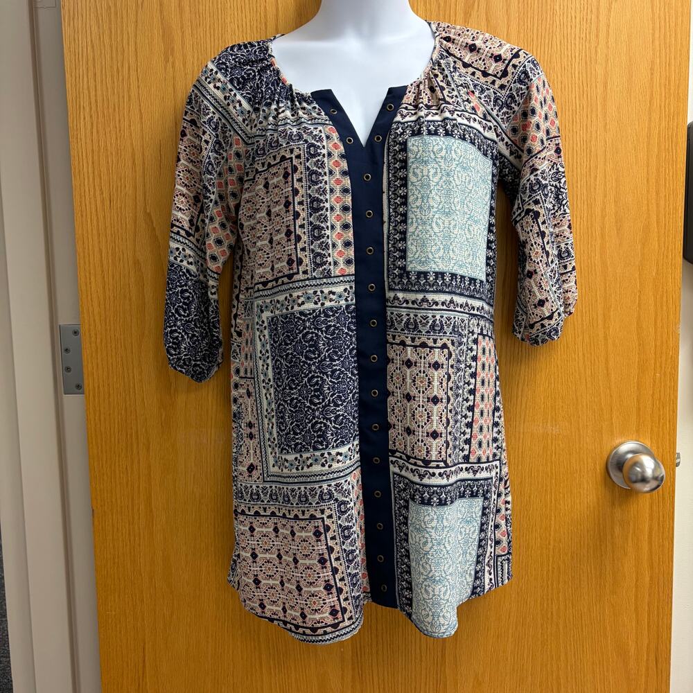 Signature Studio Boho Patchwork Floral Tunic Dress Peasant Cottagecore Small